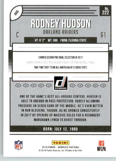 222 - Rodney Hudson - 2018 Donruss - Base NM - Image 2