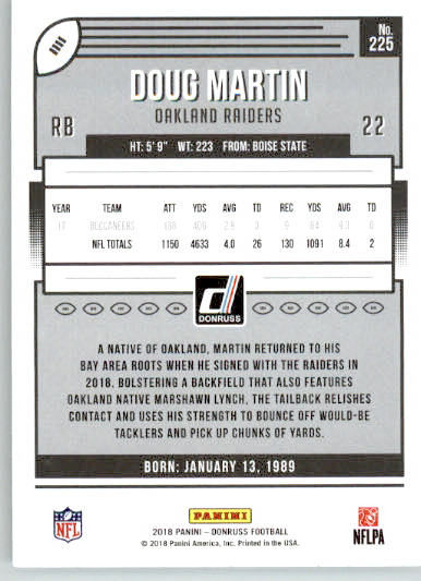 225 - Doug Martin - 2018 Donruss - Base NM - Image 2