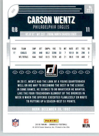 227 - Carson Wentz - 2018 Donruss - Base NM - Image 2