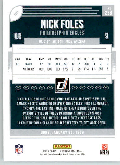 228 - Nick Foles - 2018 Donruss - Base NM - Image 2