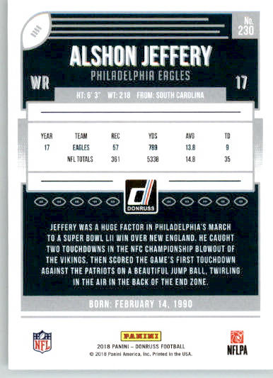 230 - Alshon Jeffery - 2018 Donruss - Base NM - Image 2