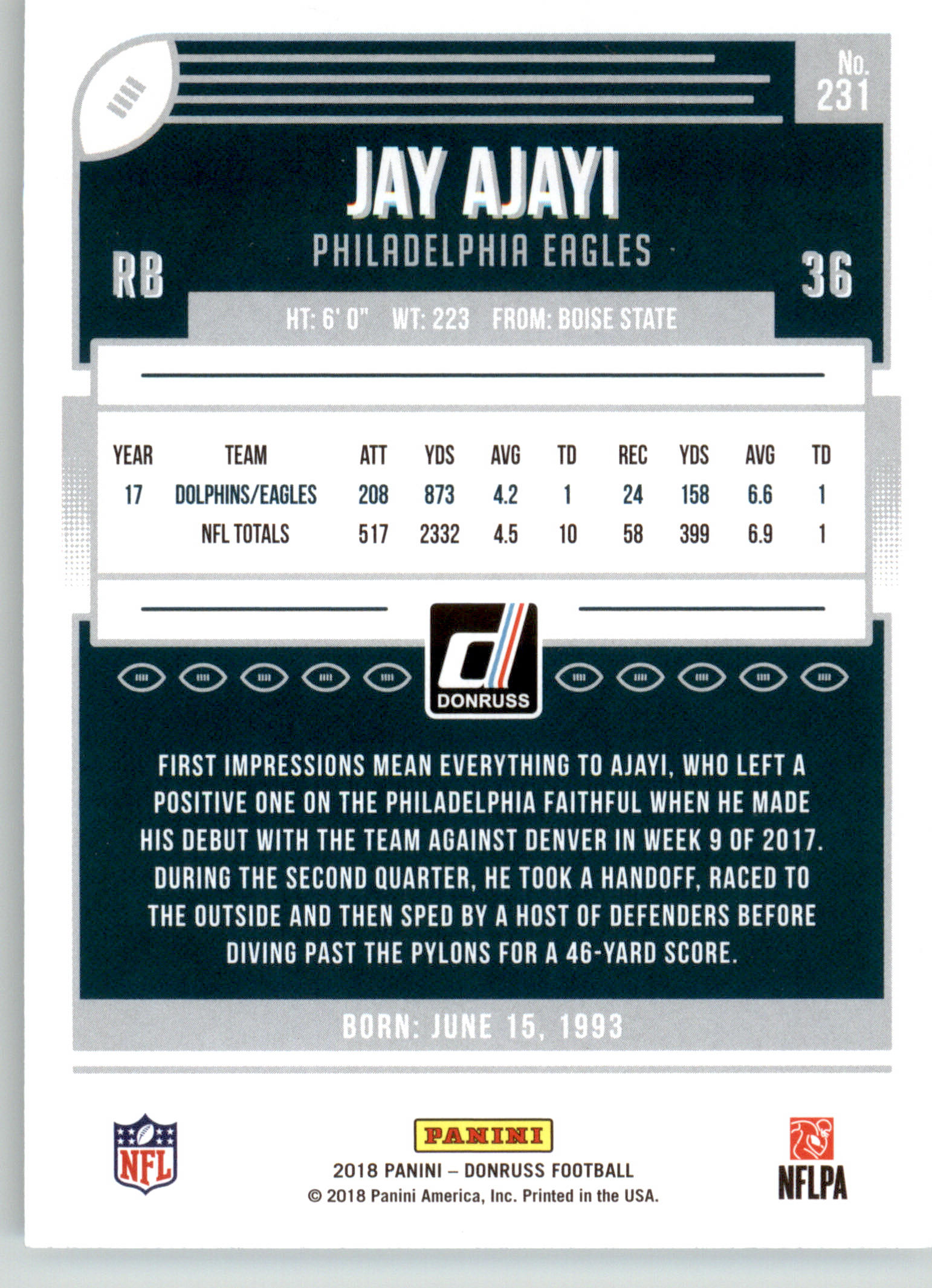 231 - Jay Ajayi - 2018 Donruss - Base NM - Image 2