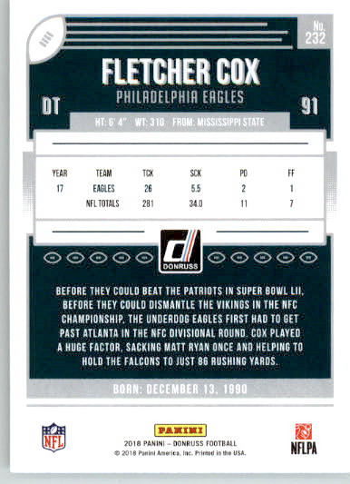 232 - Fletcher Cox - 2018 Donruss Football - Base NM - Image 2