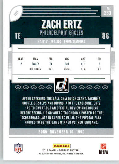 233 - Zach Ertz - 2018 Donruss Football - Base NM - Image 2