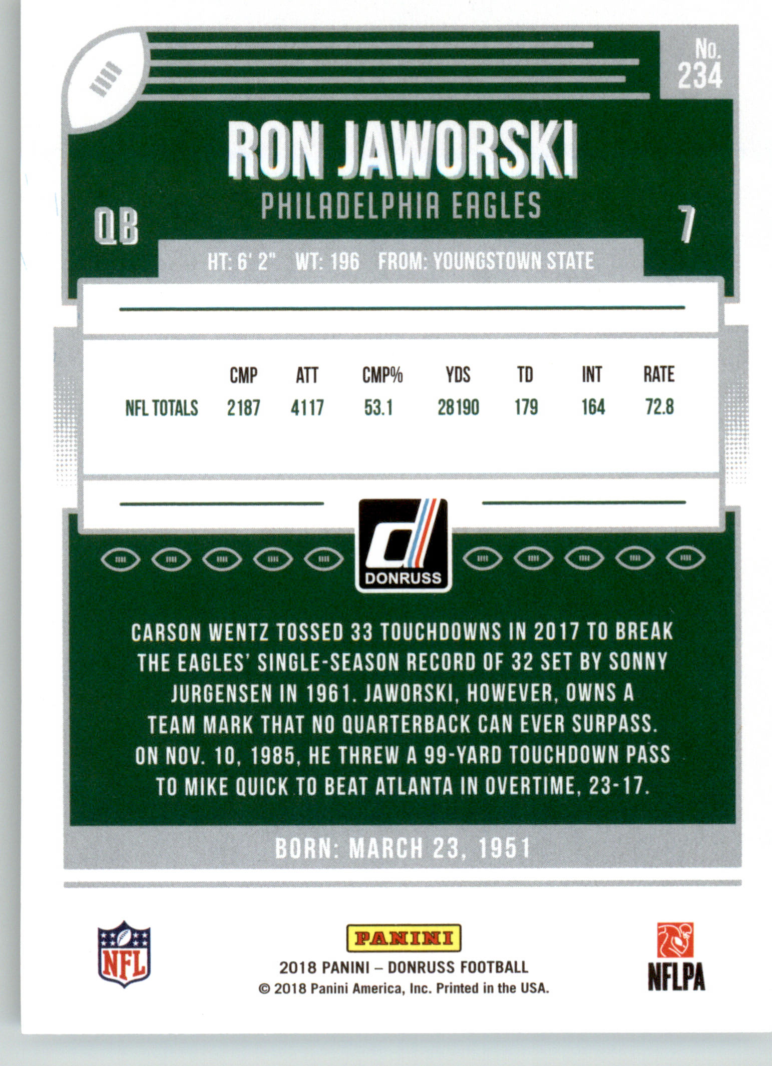 234 - Ron Jaworski - 2018 Donruss Football - Base NM - Image 2
