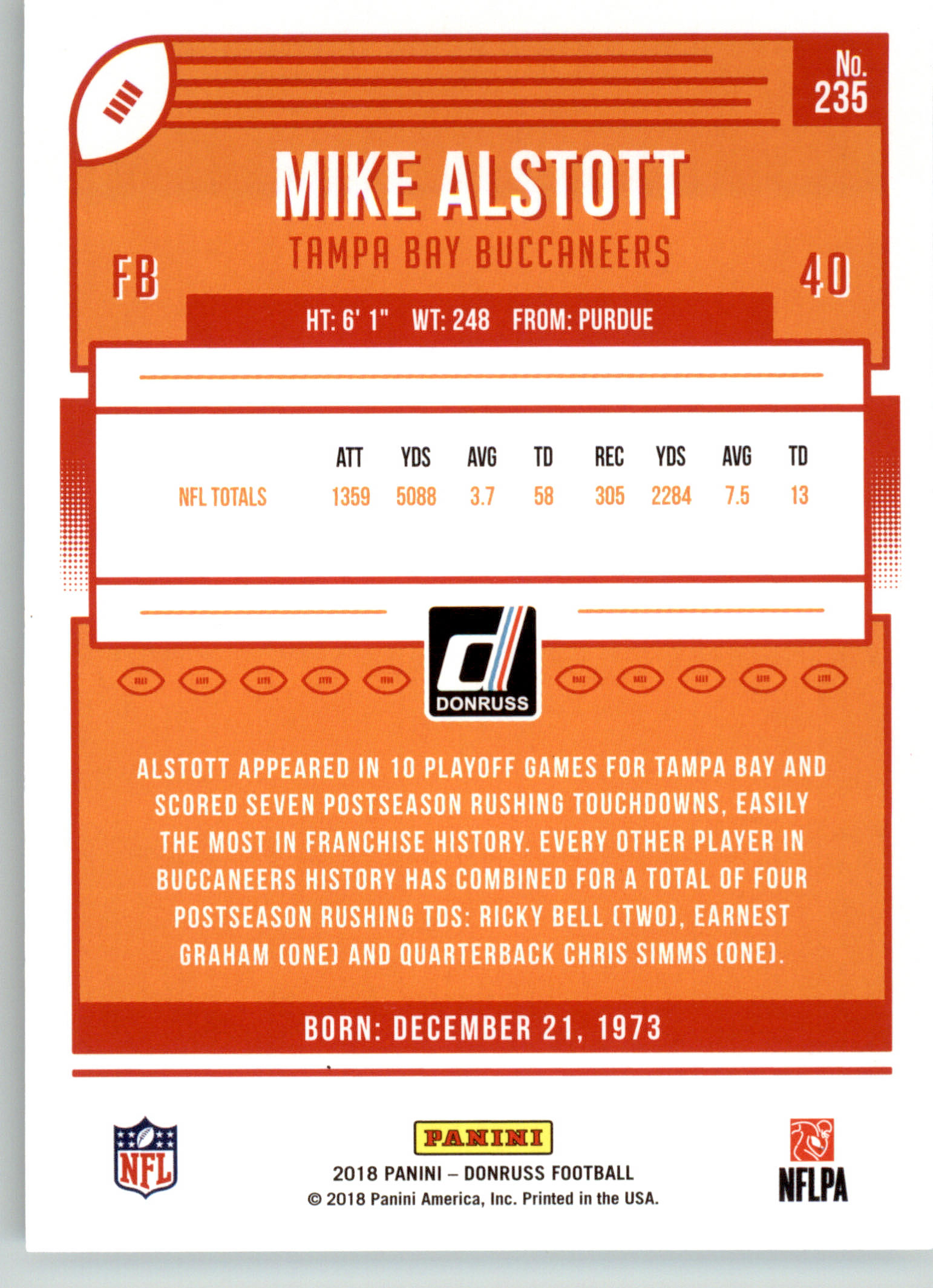 235 - Mike Alstott - 2018 Donruss Football - Base NM - Image 2