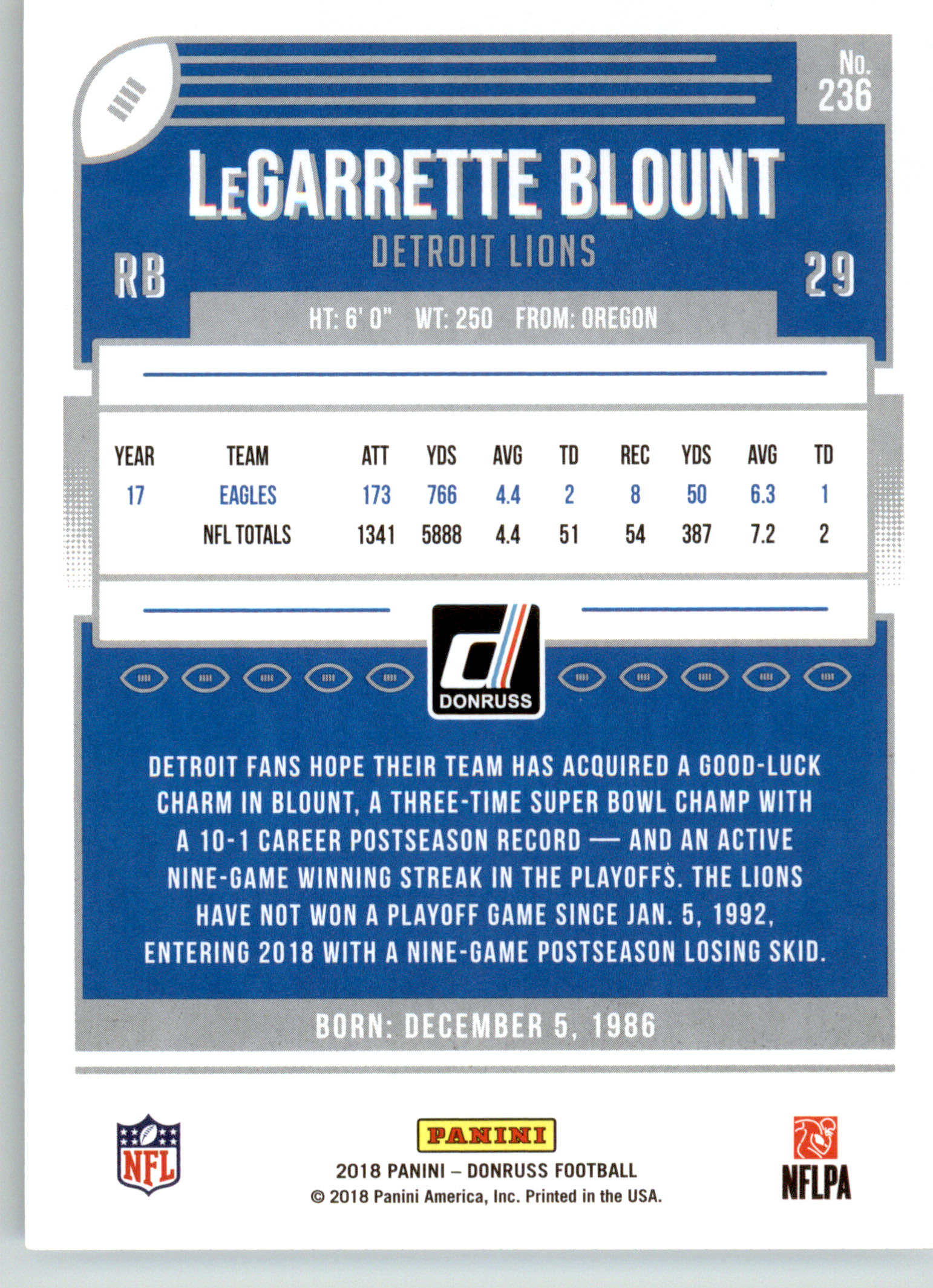 236 - LeGarrette Blount - 2018 Donruss Football - Base NM - Image 2