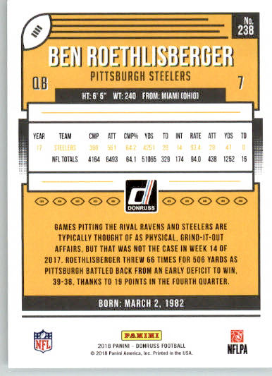 238 - Ben Roethlisberger - 2018 Donruss Football - Base NM - Image 2