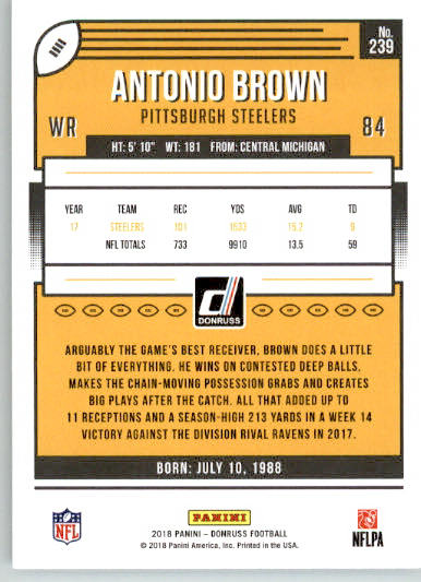 239 - Antonio Brown - 2018 Donruss Football - Base NM - Image 2