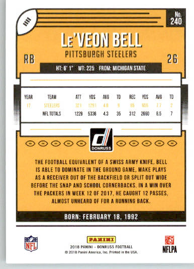240 - Le'Veon Bell - 2018 Donruss Football - Base NM - Image 2