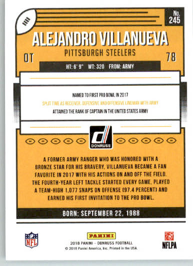 245 - Alejandro Villanueva - 2018 Donruss Football - Base NM - Image 2