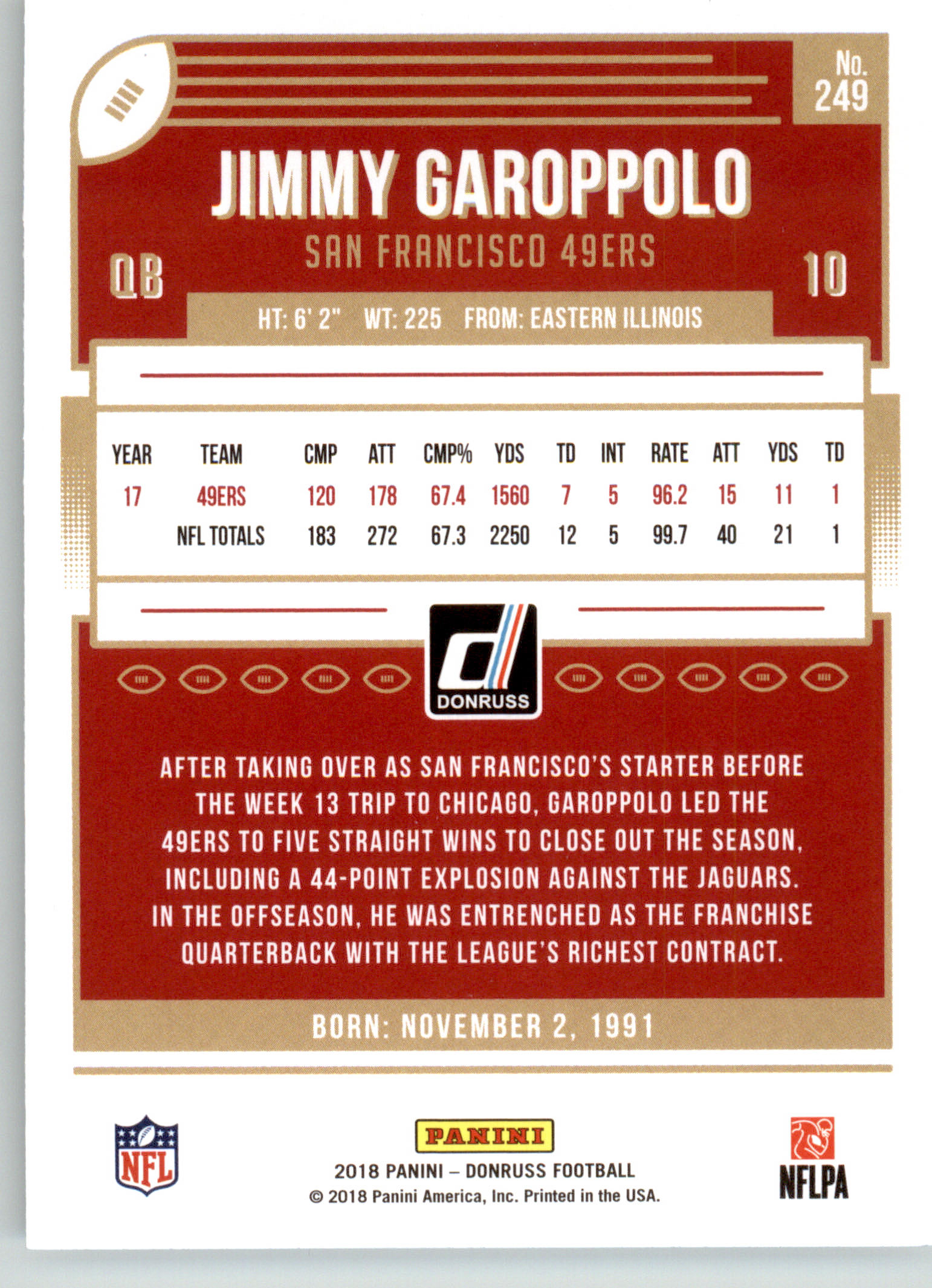 249 - Jimmy Garoppolo - 2018 Donruss Football - Base NM - Image 2