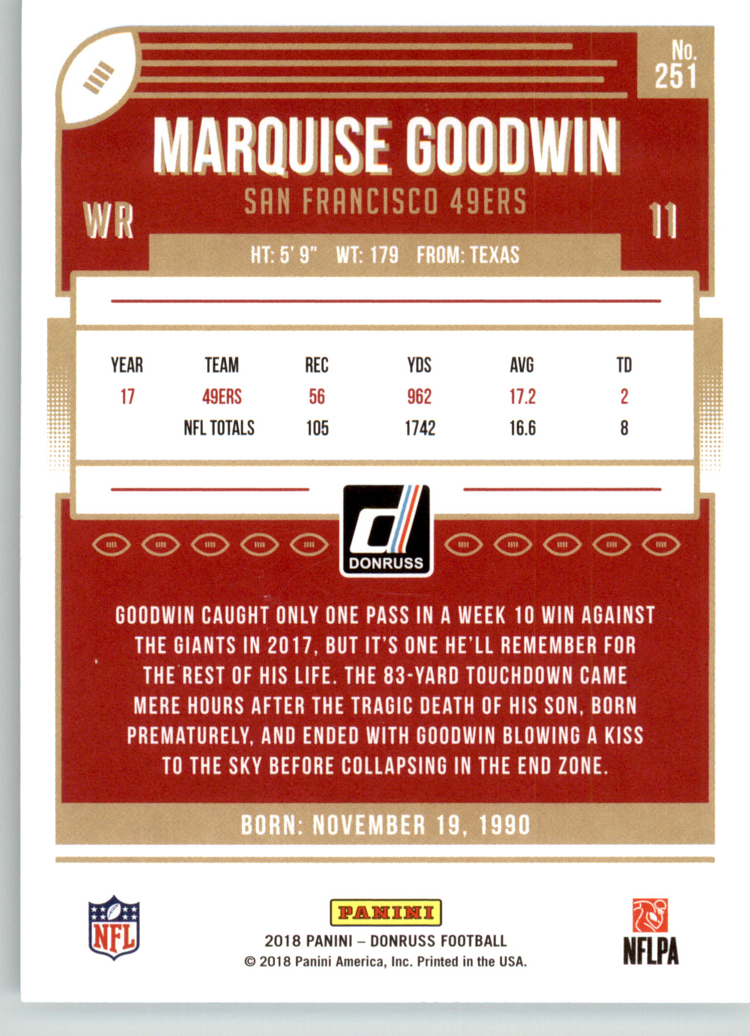 251 - Marquise Goodwin - 2018 Donruss Football - Base NM - Image 2