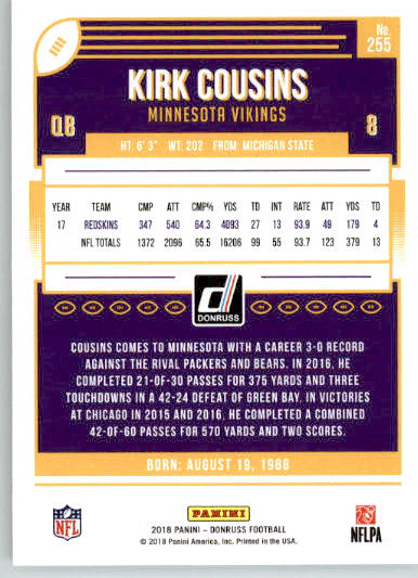 255 - Kirk Cousins - 2018 Donruss Football - Base NM - Image 2