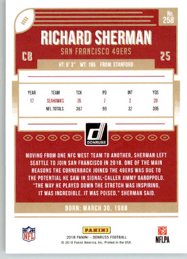 258 - Richard Sherman - 2018 Donruss Football - Base NM - Image 2