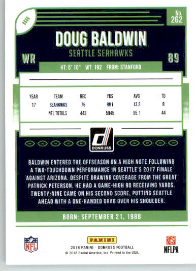 262 - Doug Baldwin - 2018 Donruss Football - Base NM - Image 2