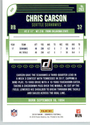 263 - Chris Carson - 2018 Donruss Football - Base NM - Image 2