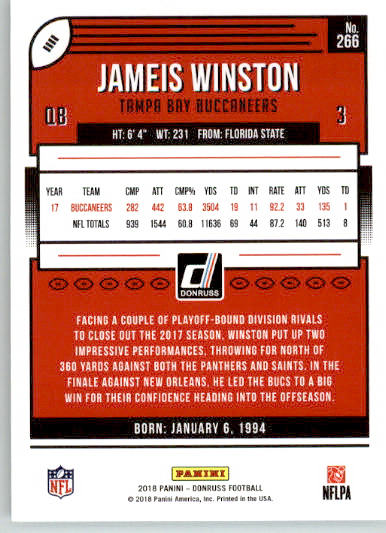 266 - Jameis Winston - 2018 Donruss Football - Base NM - Image 2