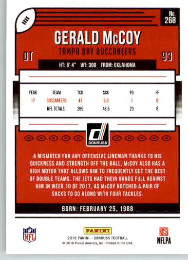 268 - Gerald McCoy - 2018 Donruss Football - Base NM - Image 2