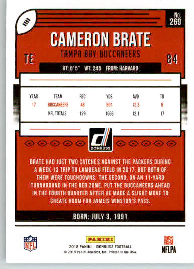269 - Cameron Brate - 2018 Donruss Football - Base NM - Image 2