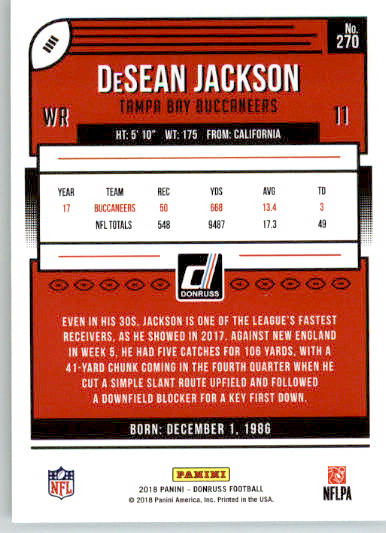 270 - DeSean Jackson - 2018 Donruss Football - Base NM - Image 2