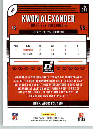 271 - Kwon Alexander - 2018 Donruss Football - Base NM - Image 2