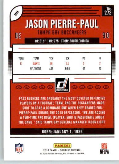 272 - Jason Pierre-Paul - 2018 Donruss Football - Base NM - Image 2