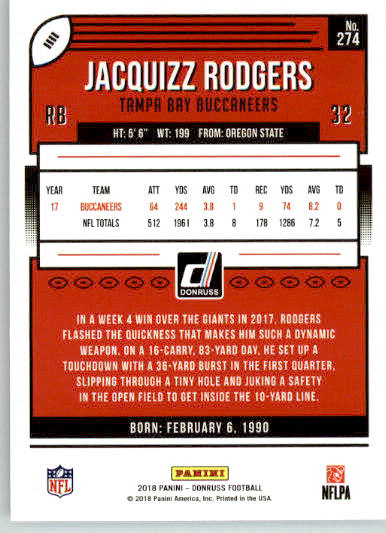 274 - Jacquizz Rodgers - 2018 Donruss Football - Base NM - Image 2