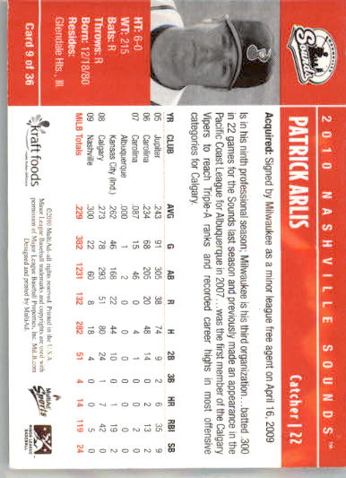 Patrick Arlis - 2010 MultiAd Nashville Sounds - #9 - AUTO Baseball - Image 2