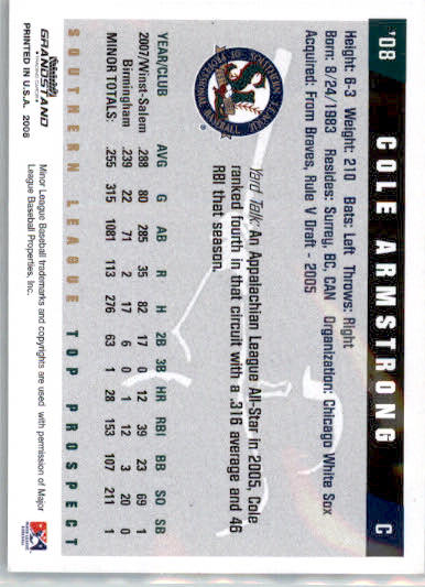 Cole Armstrong - 2008 Grandstand Southern League Top Prospects - #NNO - AUTO - Image 2