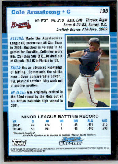 Cole Armstrong - 2005 Bowman Chrome - #195 - RC,AUTO Baseball - Image 2