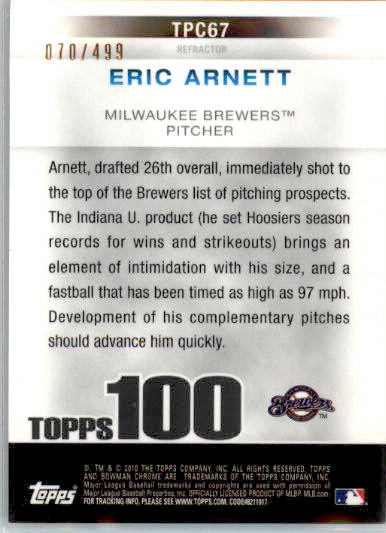 Eric Arnett - 2010 Bowman Chrome - #TPC67 - SN /499 AUTO Topps 100 Refractors - Image 2