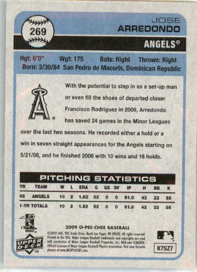Jose Arredondo - 2009 O-Pee-Chee - #269 - AUTO Baseball - Image 2