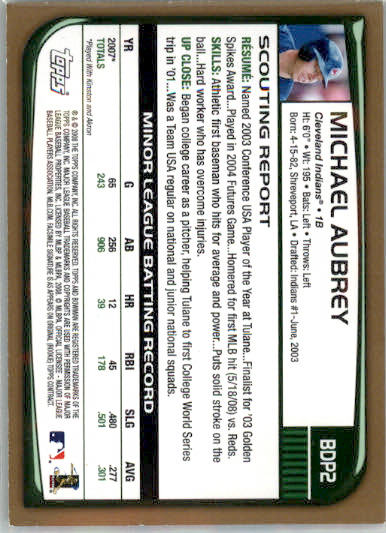 Michael Aubrey - 2008 Bowman Draft Picks & Prospects - #BDP2 - RC,AUTO Gold - Image 2