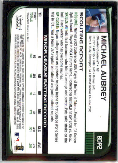 Michael Aubrey - 2008 Bowman Draft Picks & Prospects - #BDP2 - RC,AUTO Baseball - Image 2