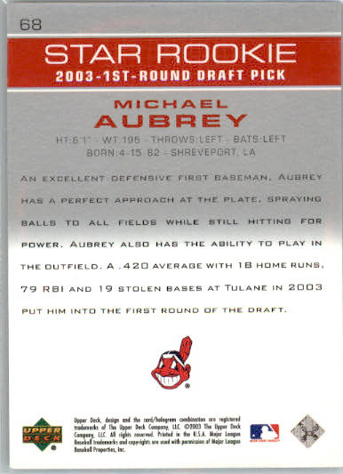 Michael Aubrey - 2003 Upper Deck Prospect Premieres - #68 - AUTO Baseball - Image 2
