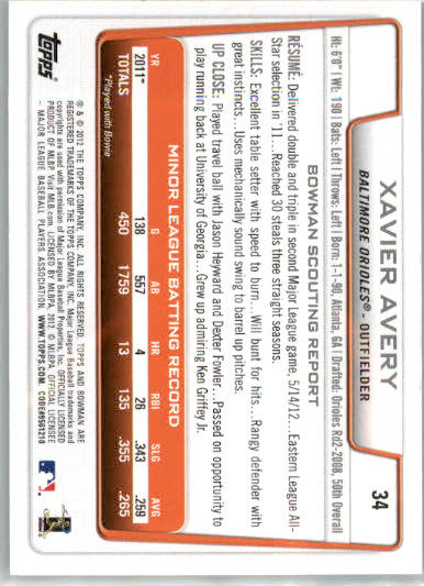 Xavier Avery - 2012 Bowman Draft Picks & Prospects - #34 - RC,AUTO Baseball - Image 2
