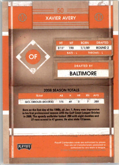 Xavier Avery - 2008 Playoff Contenders - #50 - AUTO Baseball - Image 2