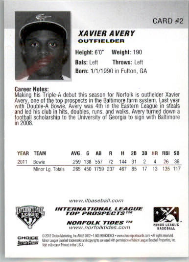 Xavier Avery - 2012 Choice International League Top Prospects - #2 - AUTO - Image 2