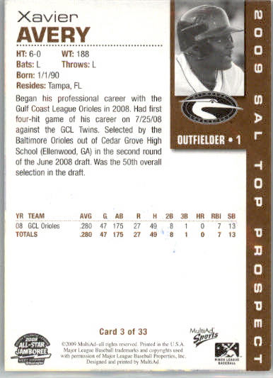 Xavier Avery - 2009 MultiAd South Atlantic League Top Prospects - #3 - AUTO - Image 2