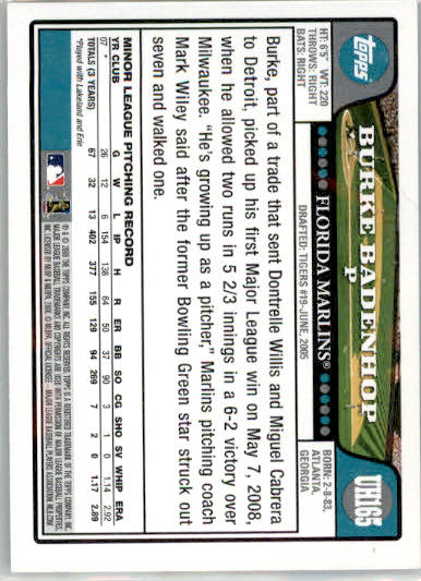 Burke Badenhop - 2008 Topps Updates & Highlights - #UH165 - RC,AUTO Baseball - Image 2