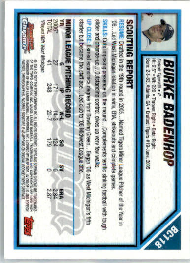 Burke Badenhop - 2007 Bowman Chrome - #BC118 - AUTO Prospects Baseball - Image 2