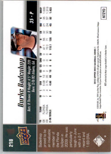 Burke Badenhop - 2010 Upper Deck - #218 - AUTO Baseball - Image 2