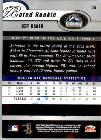 Jeff Baker - 2003 Donruss - #55 - AUTO Baseball - Image 2