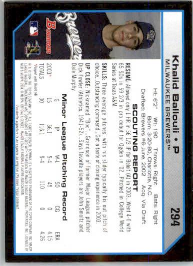 Khalid Ballouli - 2004 Bowman - #294 - RC,AUTO Baseball - Image 2