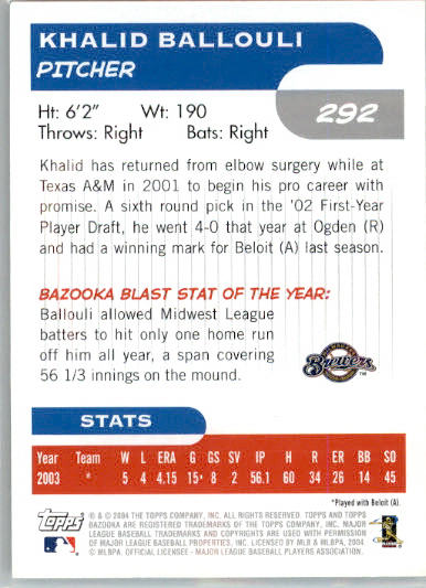 Khalid Ballouli - 2004 Bazooka - #292 - RC,AUTO Baseball - Image 2