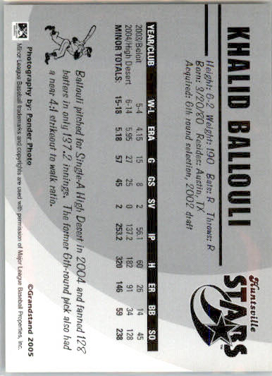 Khalid Ballouli - 2005 Grandstand Huntsville Stars - #NNO - AUTO Baseball - Image 2
