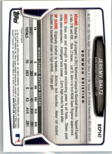 Jeremy Baltz - 2013 Bowman Chrome - #BCP147 - AUTO Prospects Baseball - Image 2