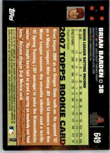 Brian Barden - 2007 Topps - #649 - RC,AUTO Baseball - Image 2