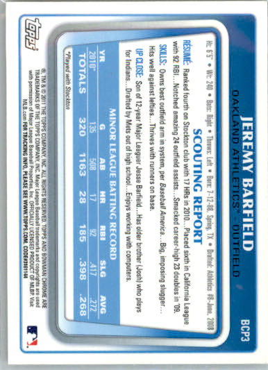 Jeremy Barfield - 2011 Bowman - #BCP3 - AUTO Chrome Prospects Baseball - Image 2